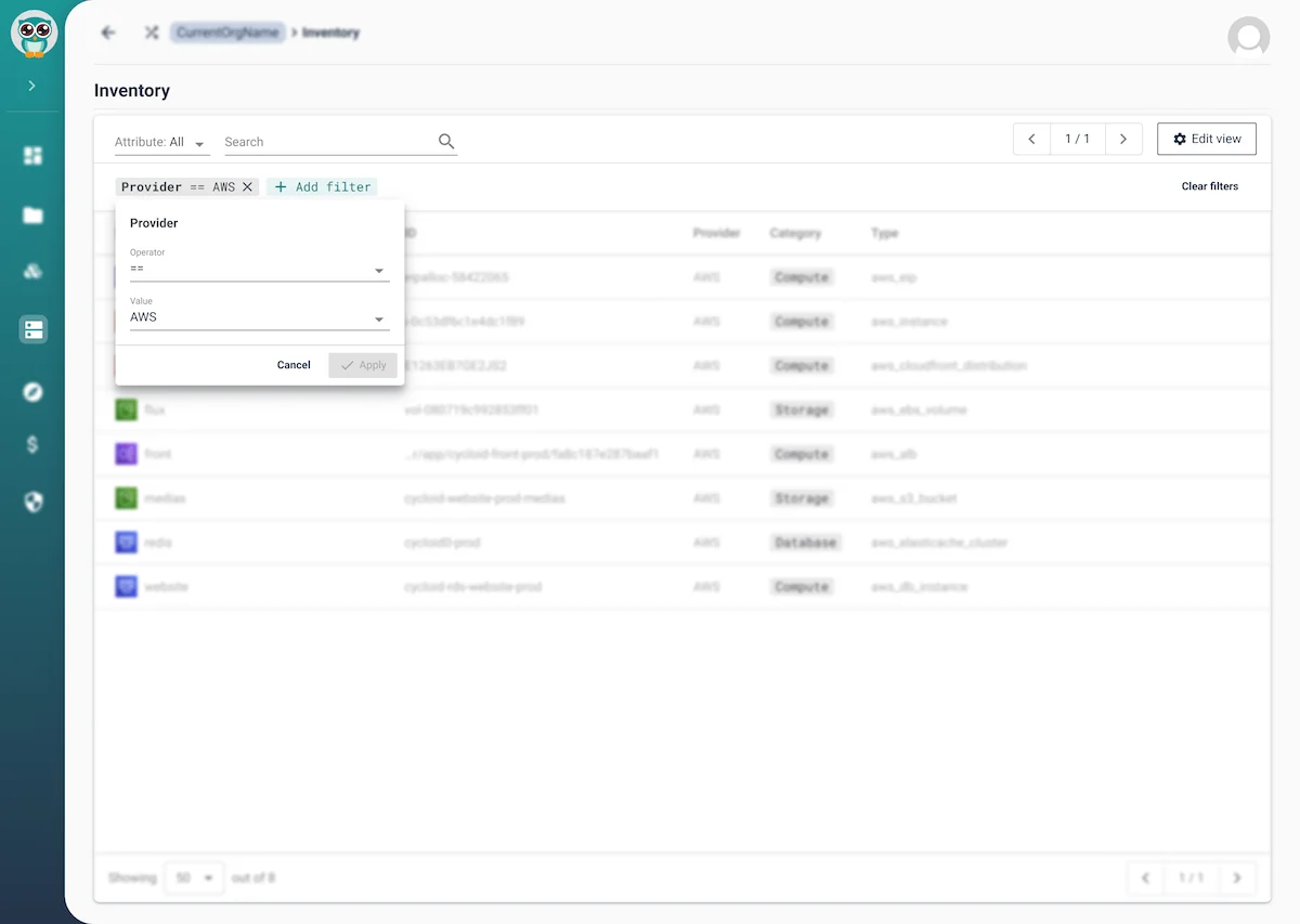Cycloid Asset Inventory filtered by provider, showing resources with category and type