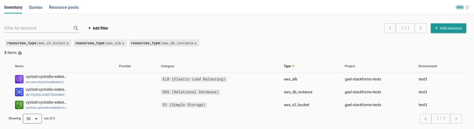 Cycloid Asset Inventory listing AWS resources by type, project, and environment