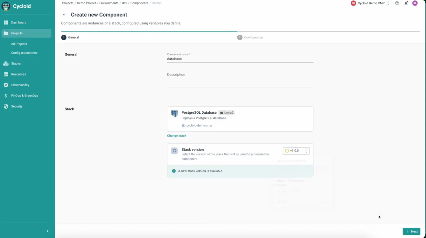 Cycloid create new component screen with the PostgreSQL stack selected and a pinned stack version