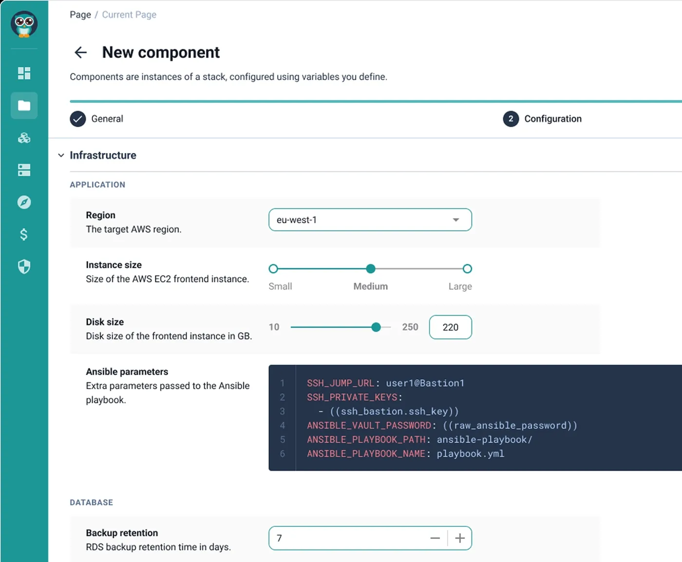 Cycloid new component form with the AWS region pinned to eu-west-1 alongside instance sizing and Ansible parameters