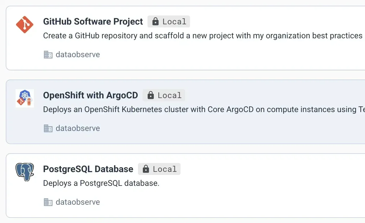 Cycloid stack catalog entries for a GitHub software project, OpenShift with ArgoCD, and a PostgreSQL database