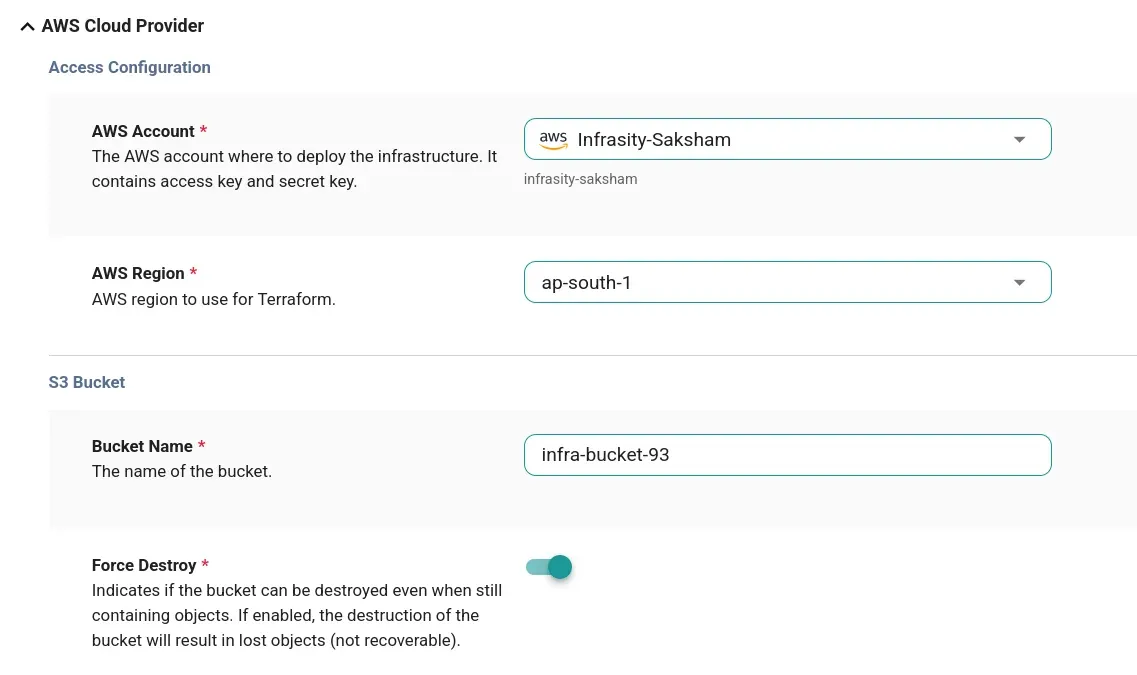 Cycloid AWS cloud provider form with account and region selection alongside S3 bucket configuration