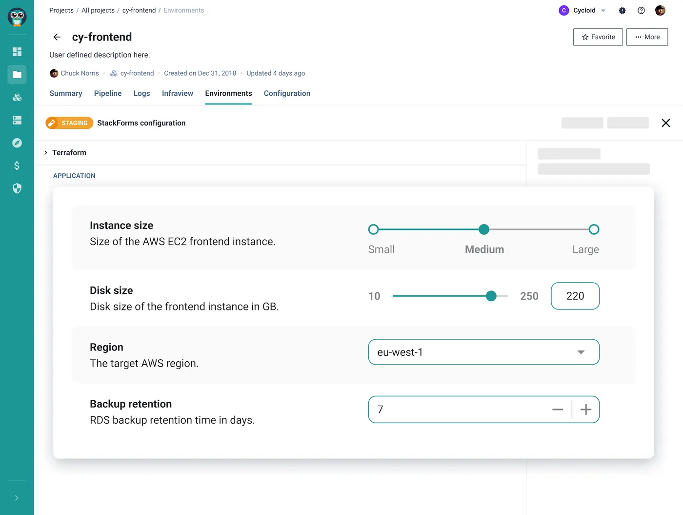 Cycloid StackForms configuration with instance size, disk size, region, and backup retention inputs