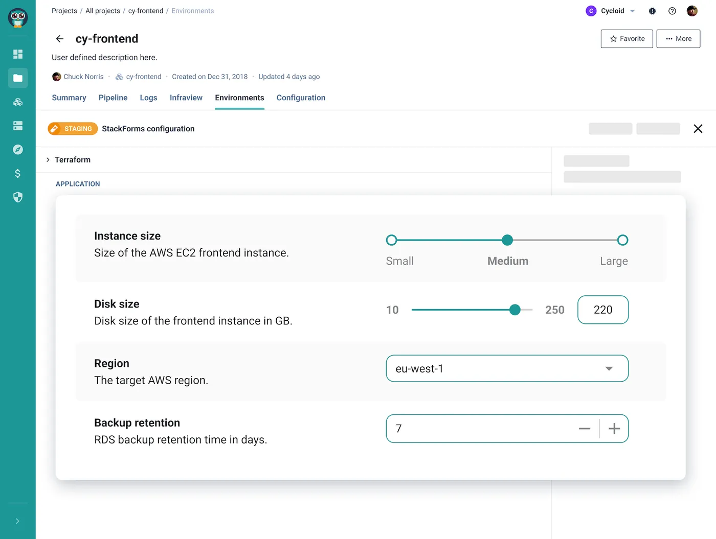Cycloid StackForms panel with instance size, disk size, region pinned to eu-west-1, and backup retention controls