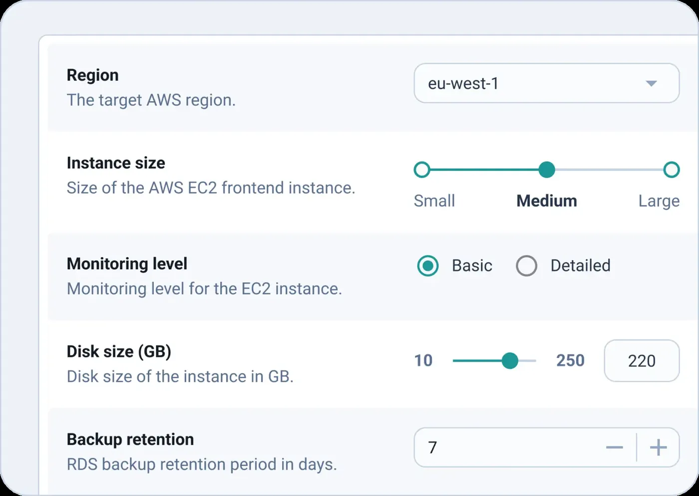 Cycloid StackForms fields for region, instance size, monitoring level, disk size, and backup retention