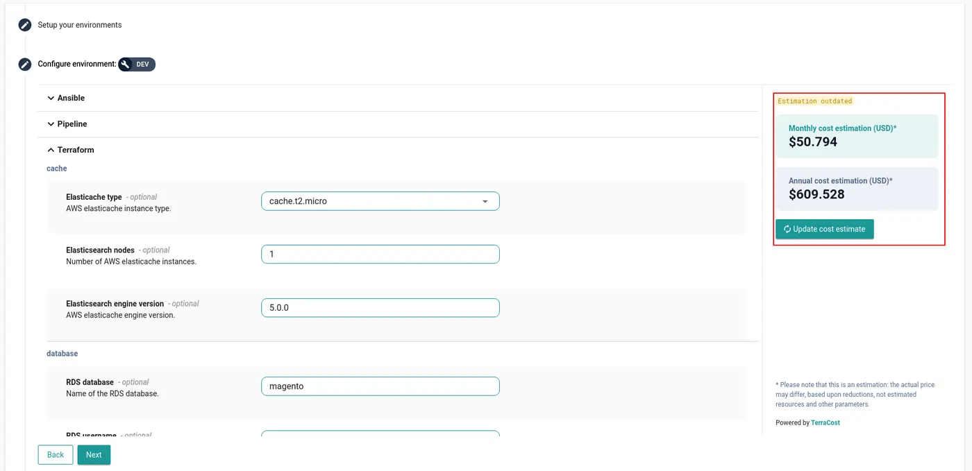Cycloid StackForms cost estimation panel showing monthly and annual cost powered by TerraCost