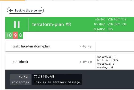 A green terraform-plan job in Cycloid displaying advisory, critical, and warning counts as build metadata