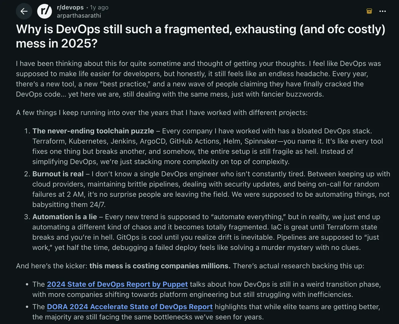 r/devops thread describing DevOps as a fragmented, exhausting toolchain puzzle