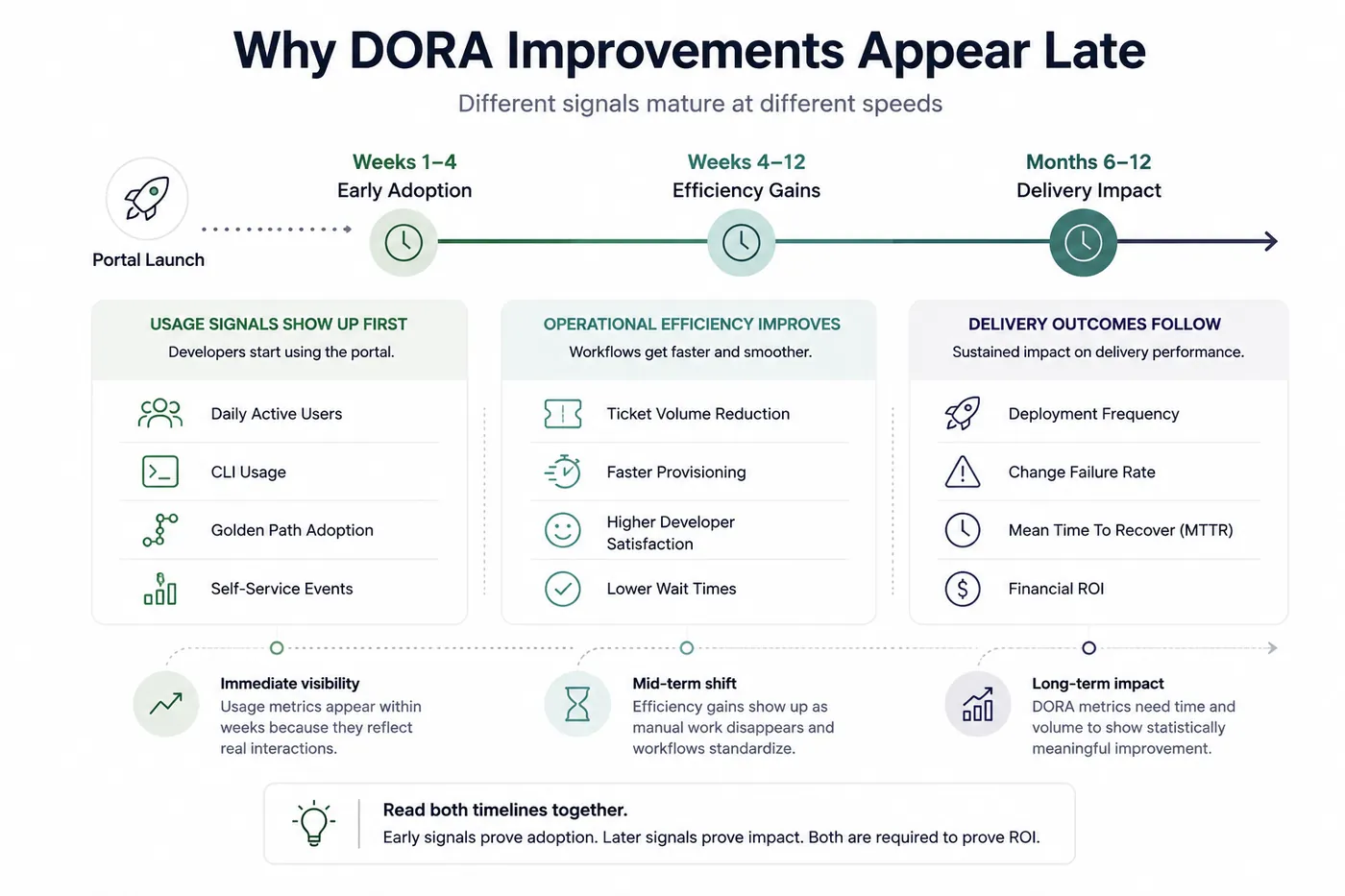 Timeline showing usage signals appearing in weeks 1 to 4, efficiency gains in weeks 4 to 12, and DORA delivery outcomes at months 6 to 12
