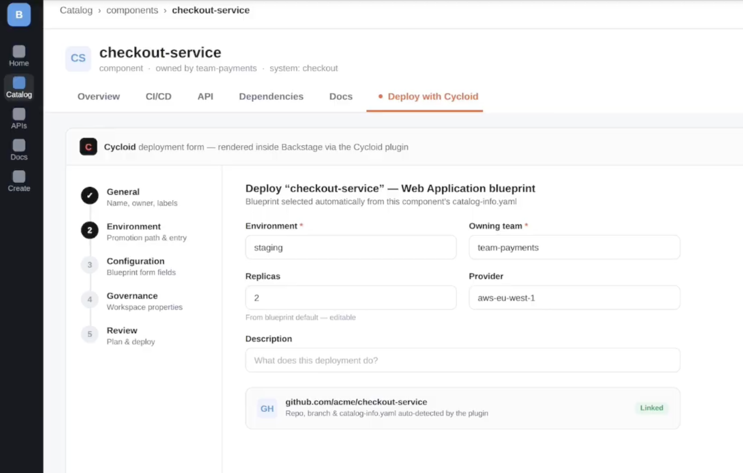 Cycloid deployment form rendered inside a Backstage component page through the Cycloid plugin, deploying checkout-service from a Web Application blueprint with environment, owning team, replicas and provider pre-filled.