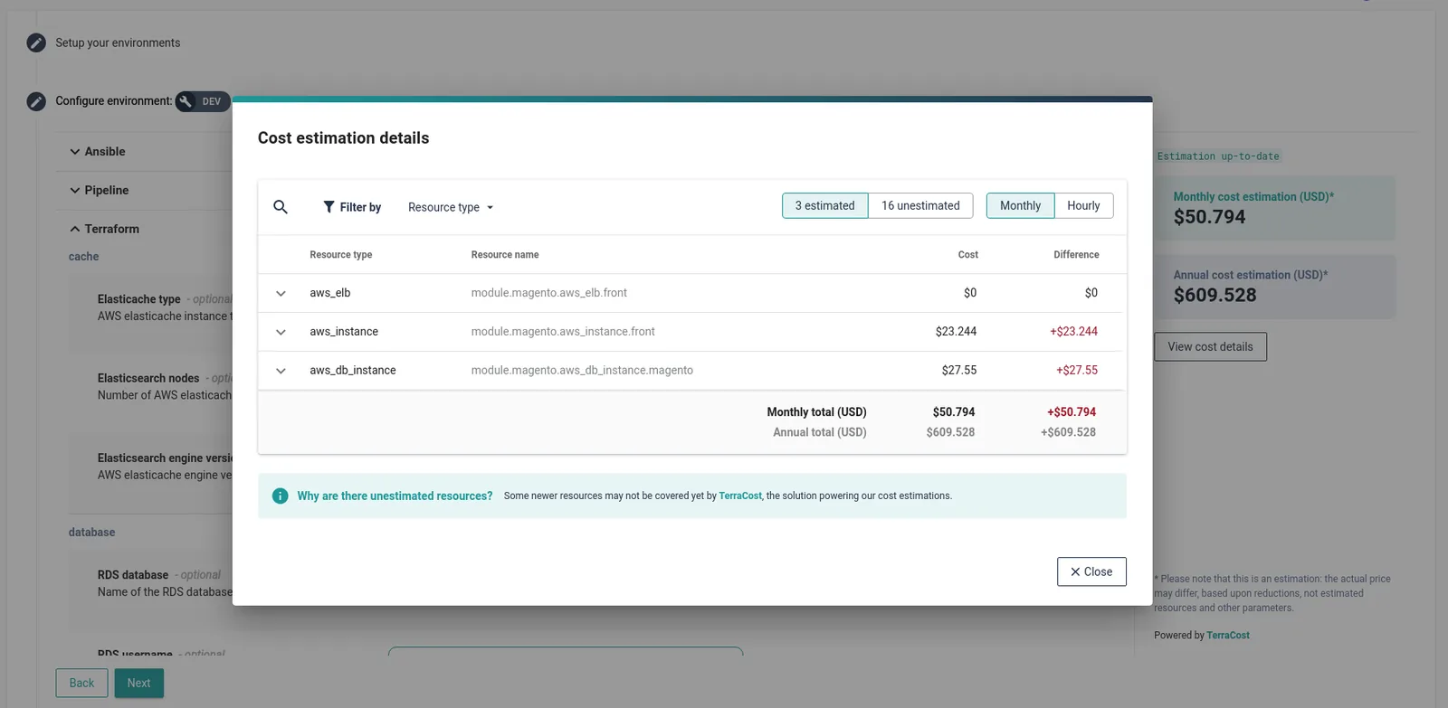 Cycloid cost estimation details modal listing the estimated cost per Terraform resource, with estimated and unestimated resource counts