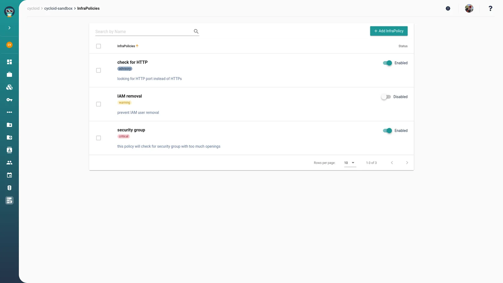 Cycloid InfraPolicies list showing three policies with advisory, warning and critical severity levels and enabled or disabled toggles
