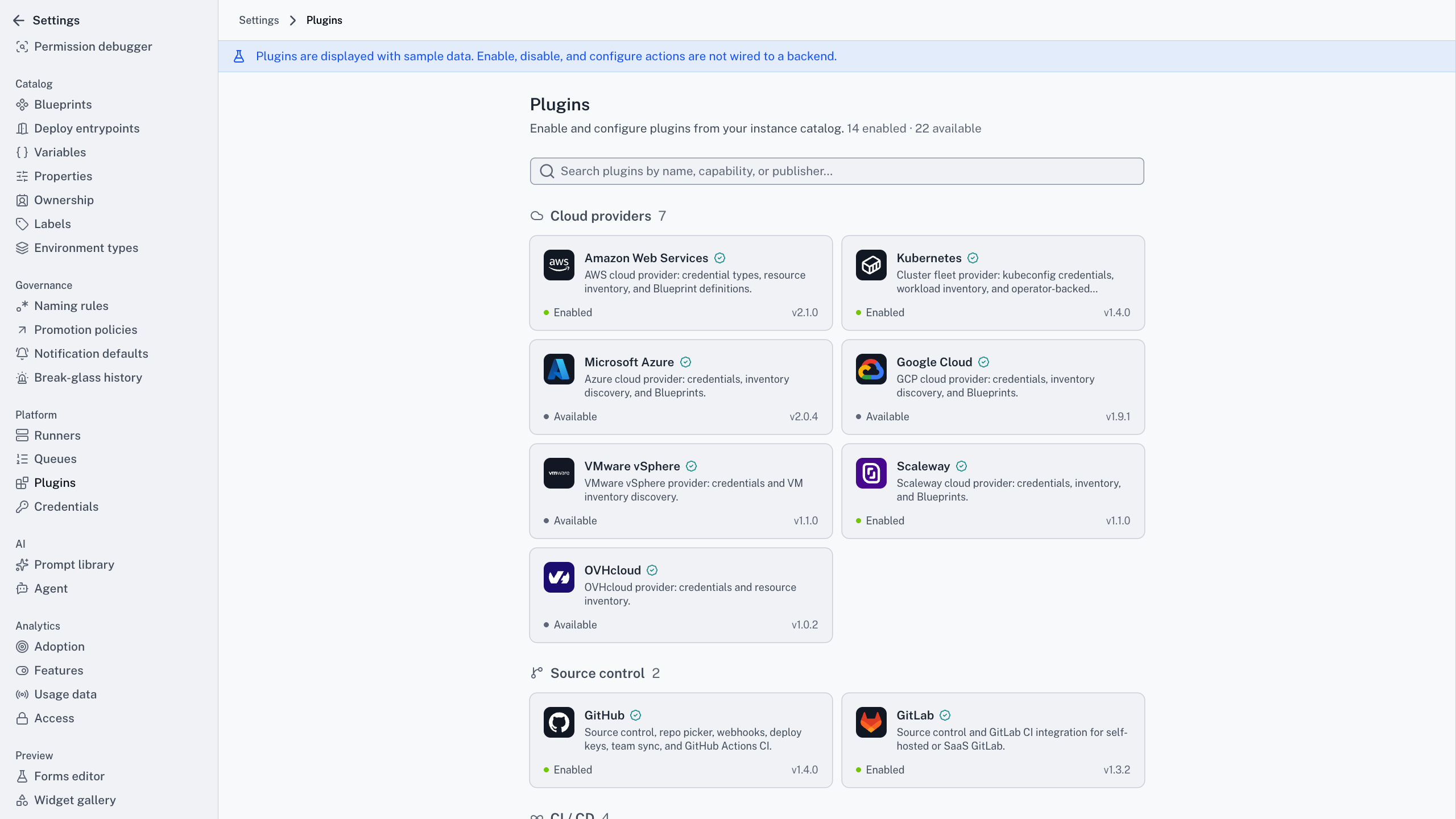 Cycloid plugins catalog with 14 enabled and 22 available plugins, starting with cloud providers AWS, Kubernetes, Azure, Google Cloud, VMware vSphere, Scaleway and OVHcloud, then GitHub and GitLab.
