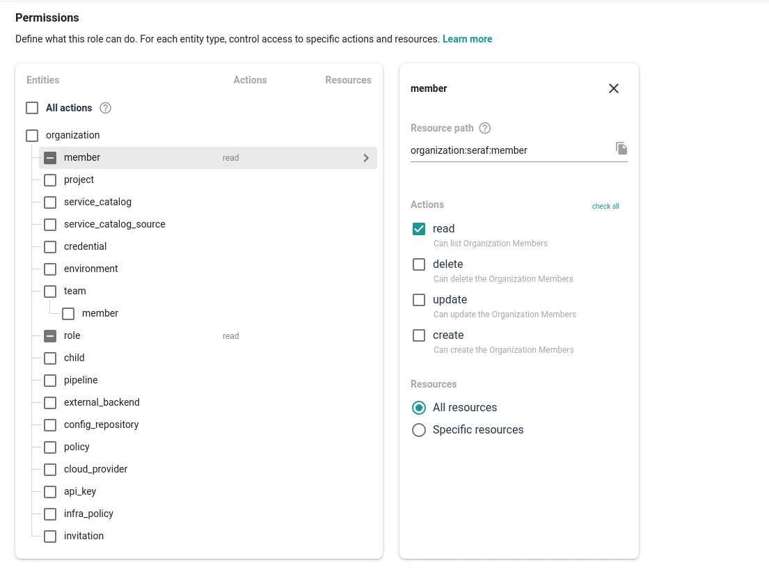 Cycloid RBAC role permissions panel listing entities such as organization, project, service catalog and infra_policy with read, update, create and delete actions
