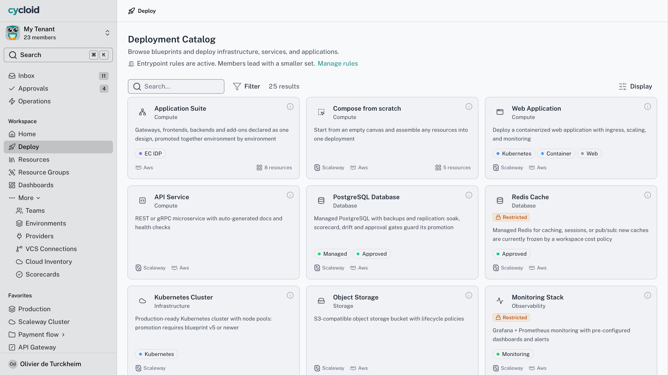 Cycloid self-service catalog listing 25 deployable blueprints as cards, with restricted and approved items clearly flagged.
