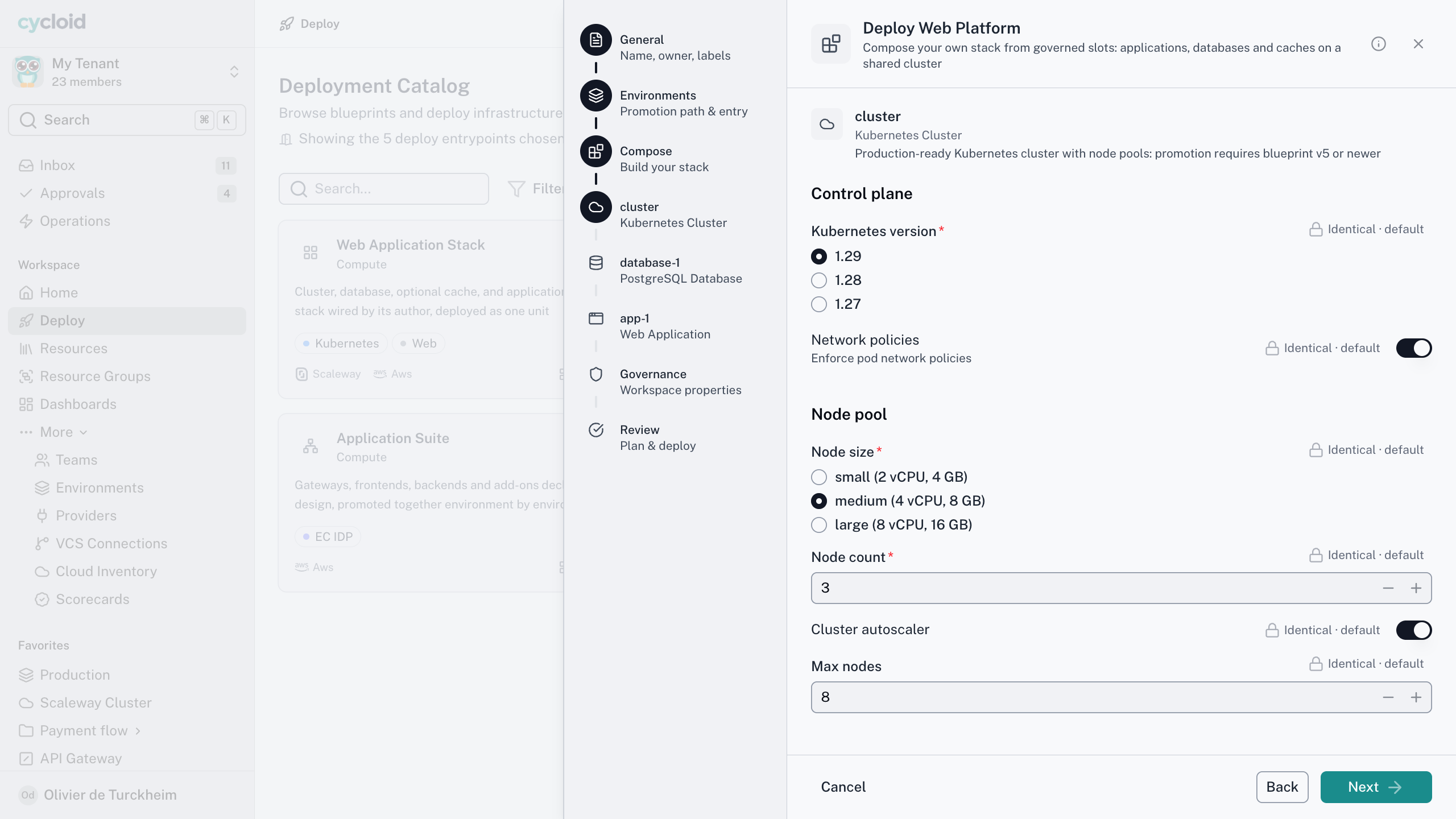 Cycloid self-service deployment form asking for Kubernetes version, network policies and node pool size, with defaults set by the platform team.