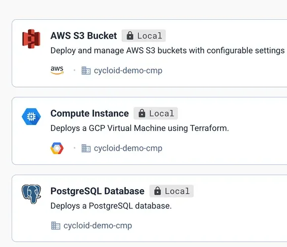 Cycloid service catalog listing AWS S3 Bucket, GCP Compute Instance and PostgreSQL Database stacks