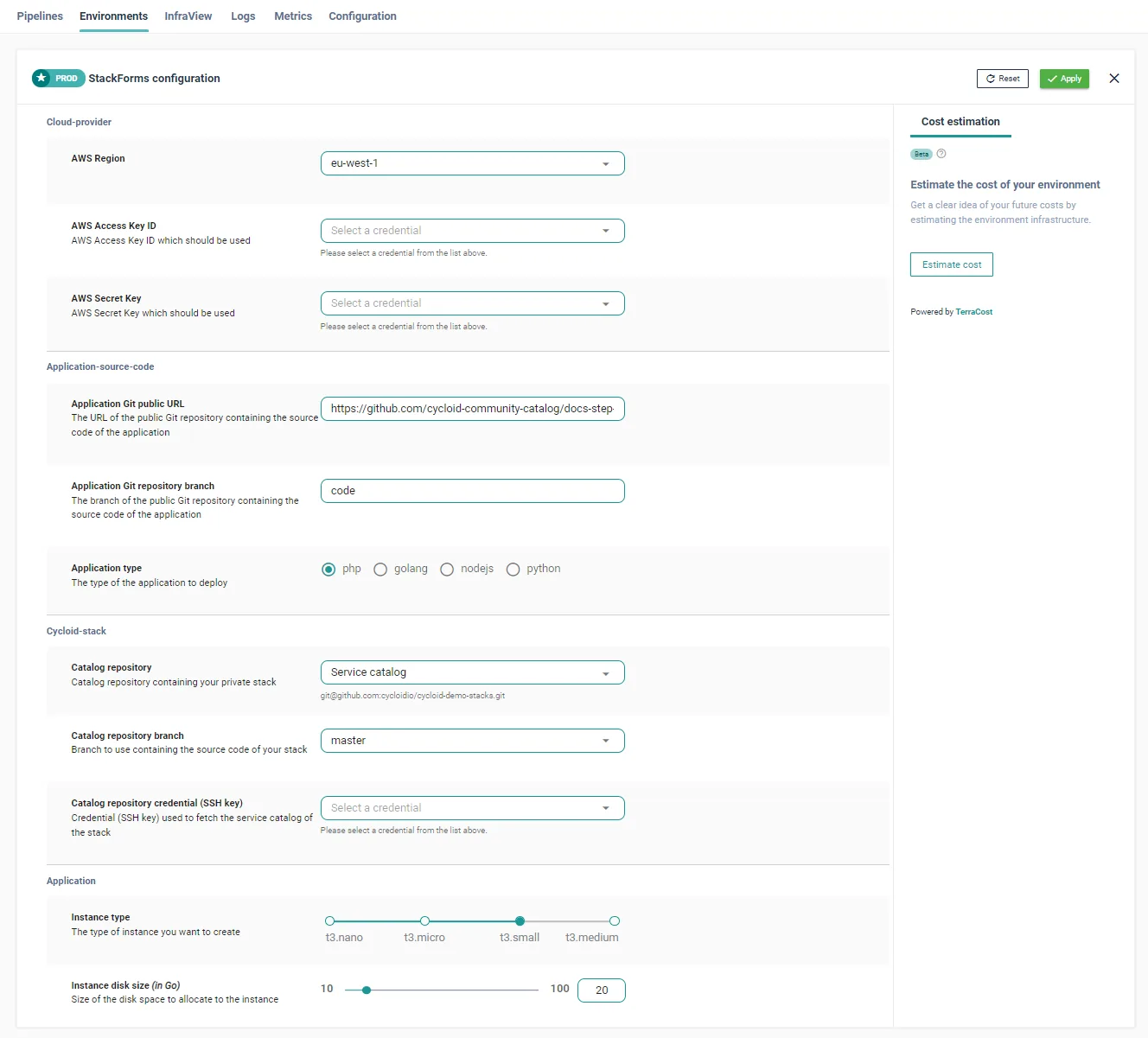 Cycloid StackForms configuration for a PROD environment with cloud provider, application source and instance type slider, with cost estimation in the side panel