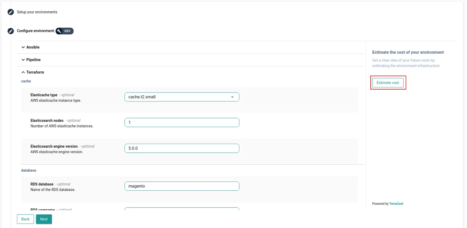 Cycloid StackForms environment configuration with an Estimate cost button powered by TerraCost beside the Terraform variables