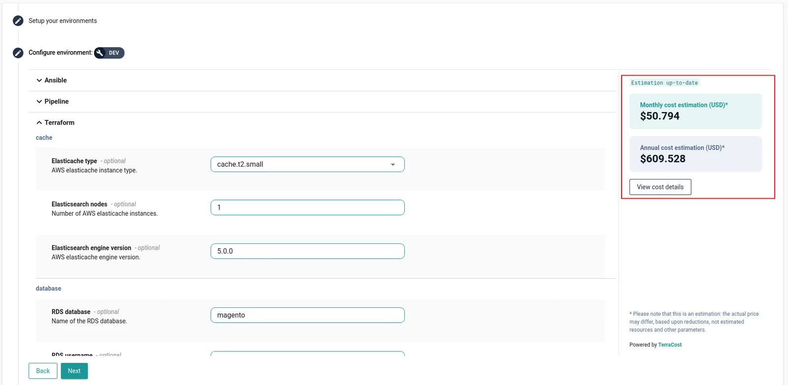 Cycloid StackForms showing a monthly and annual cost estimation for the environment next to the deployment form
