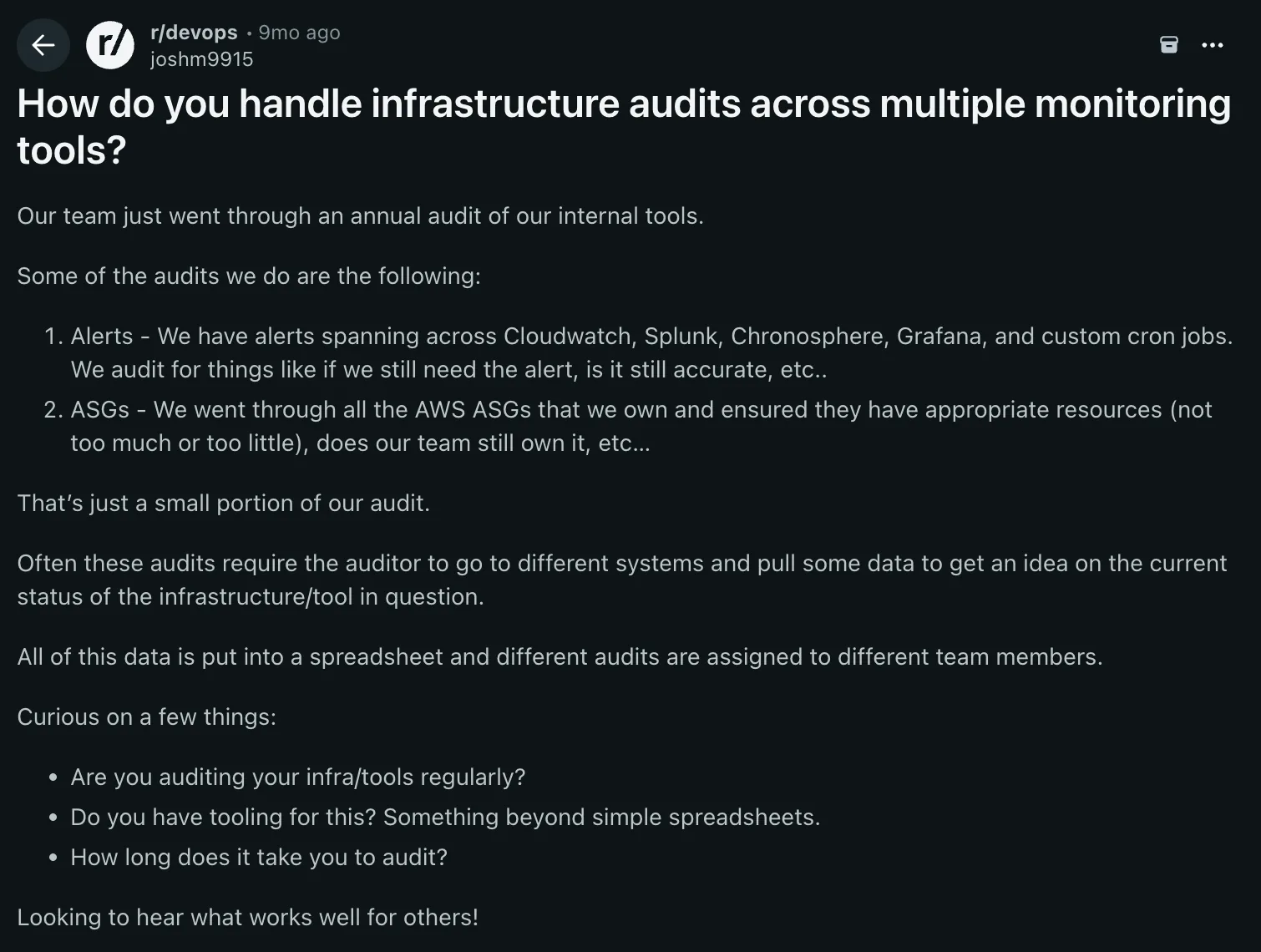 r/devops thread asking how teams handle infrastructure audits across multiple monitoring tools